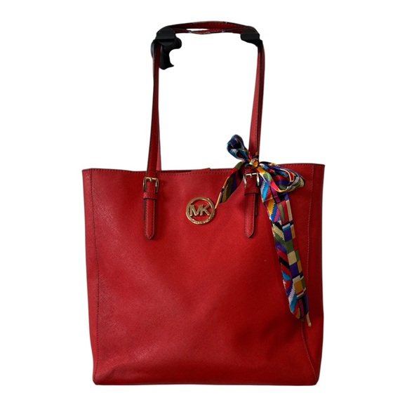 Michael Kors Red Orange tote Bag coated leather gold purse handbag MK designer